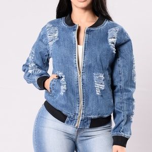 Denim Distressed Bomber Jacket